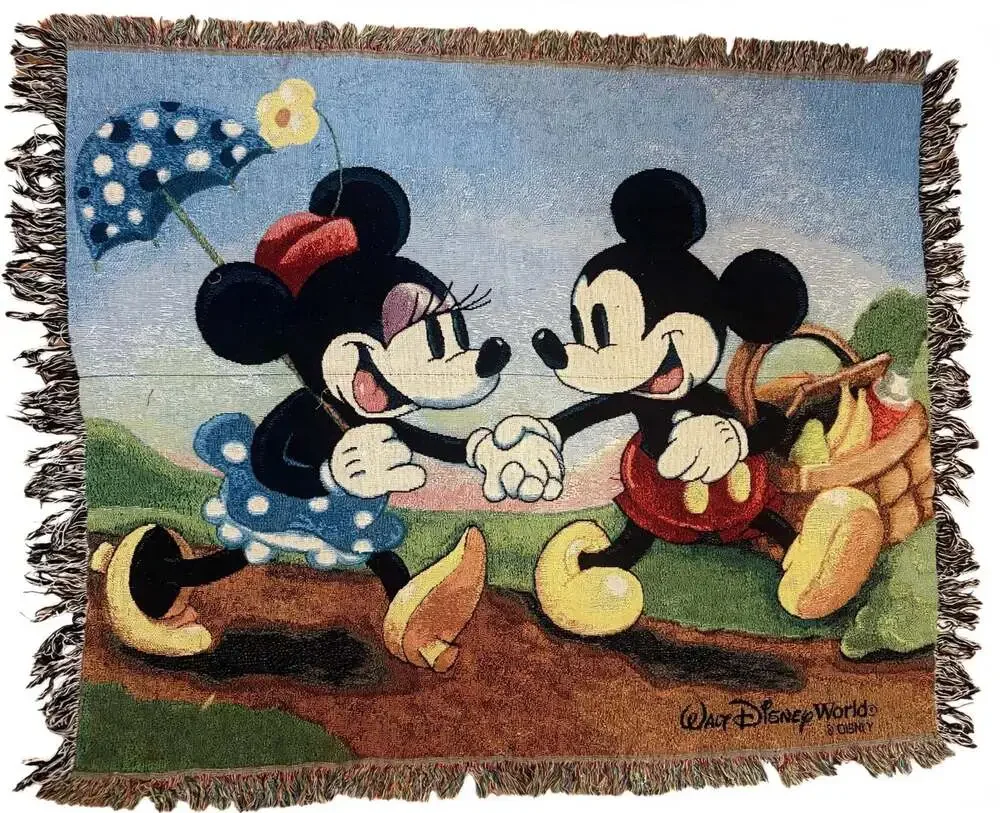 Vintage Walt Disney World Tapestry Throw Blanket Mickey Minnie 50x60 Fringe